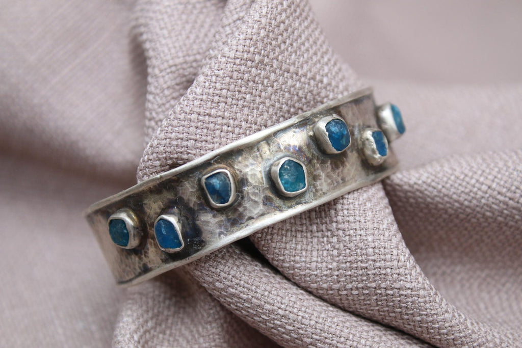 Blue Apatite Cuff Bracelet Hammered Sterling Silver Jewelry