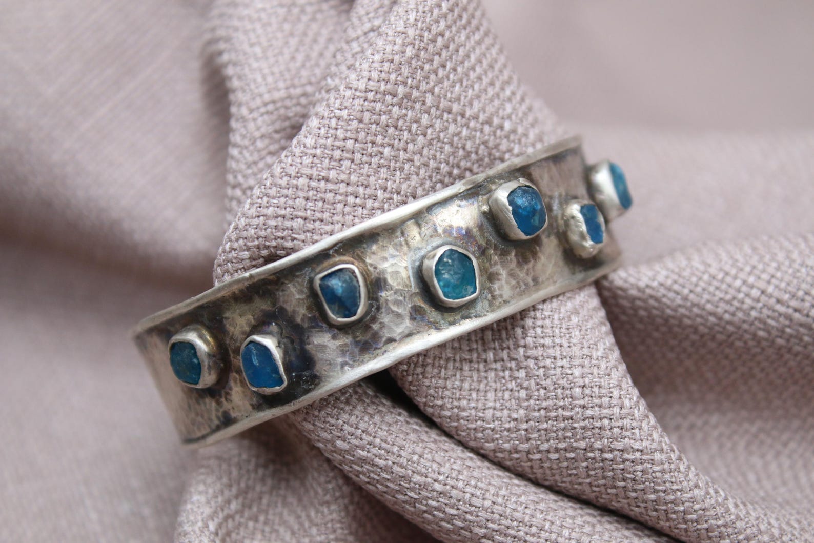 Blue Apatite Cuff Bracelet Hammered Sterling Silver Jewelry