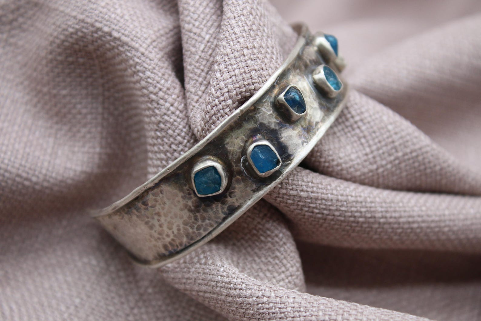 Blue Apatite Cuff Bracelet Hammered Sterling Silver Jewelry