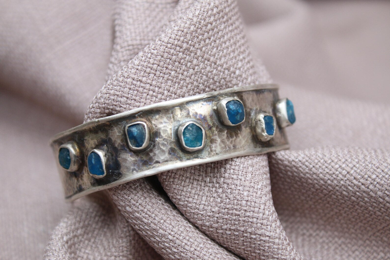 Blue Apatite Cuff Bracelet Hammered Sterling Silver Jewelry