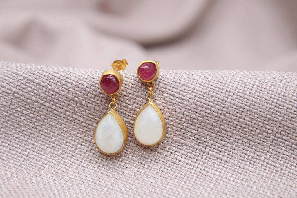 Ruby Moonstone Drop Earrings Gold Plated Sterling Silver