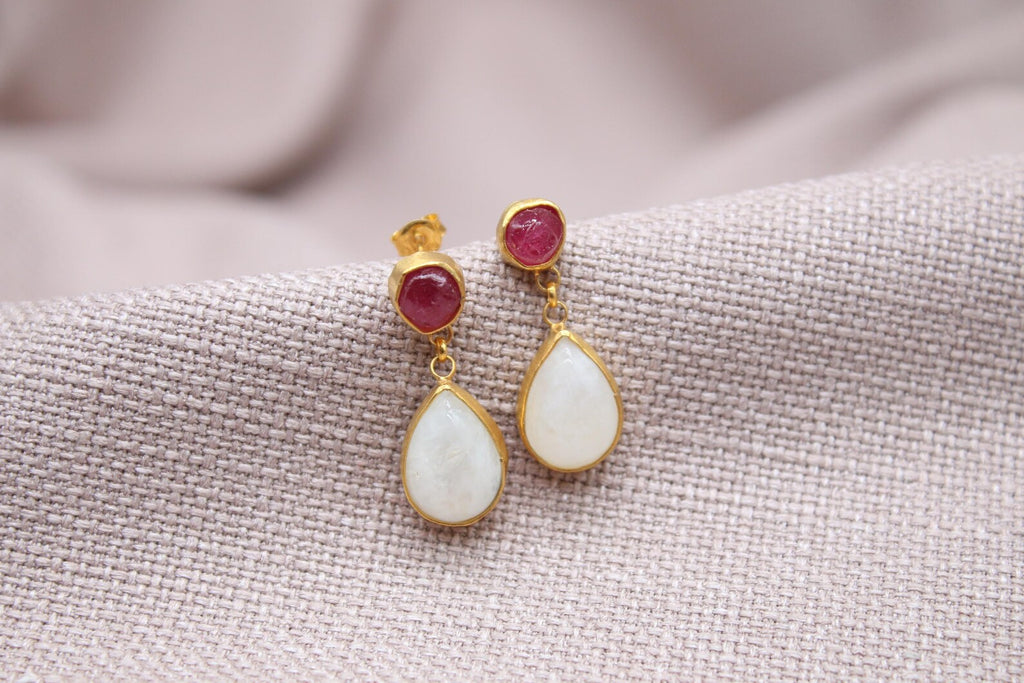 Ruby Moonstone Drop Earrings Gold Plated Sterling Silver