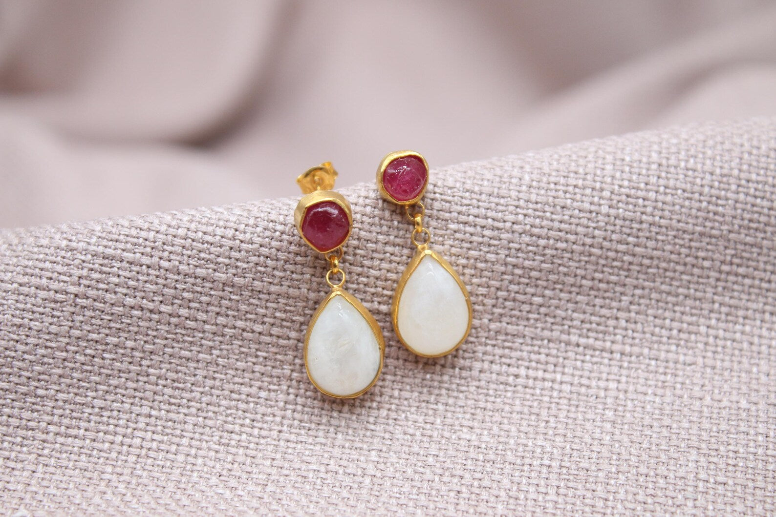 Ruby Moonstone Drop Earrings Gold Plated Sterling Silver