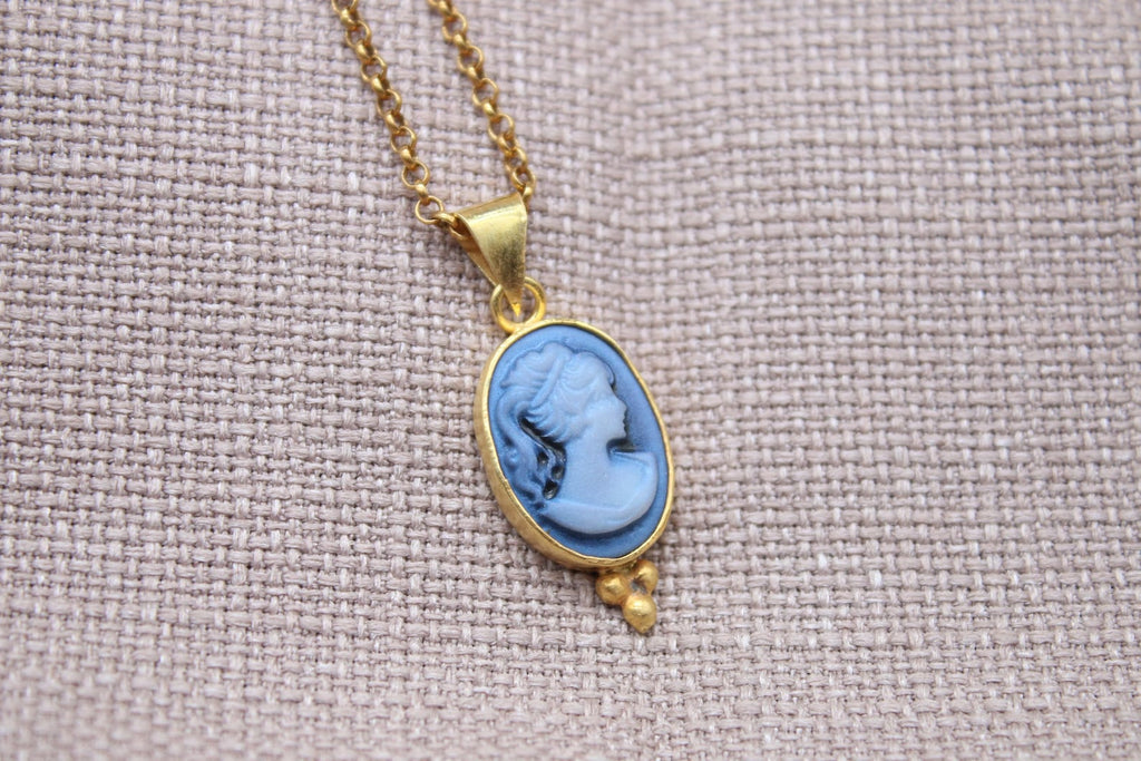 Vintage Blue Cameo Necklace Gold Plated Sterling Silver