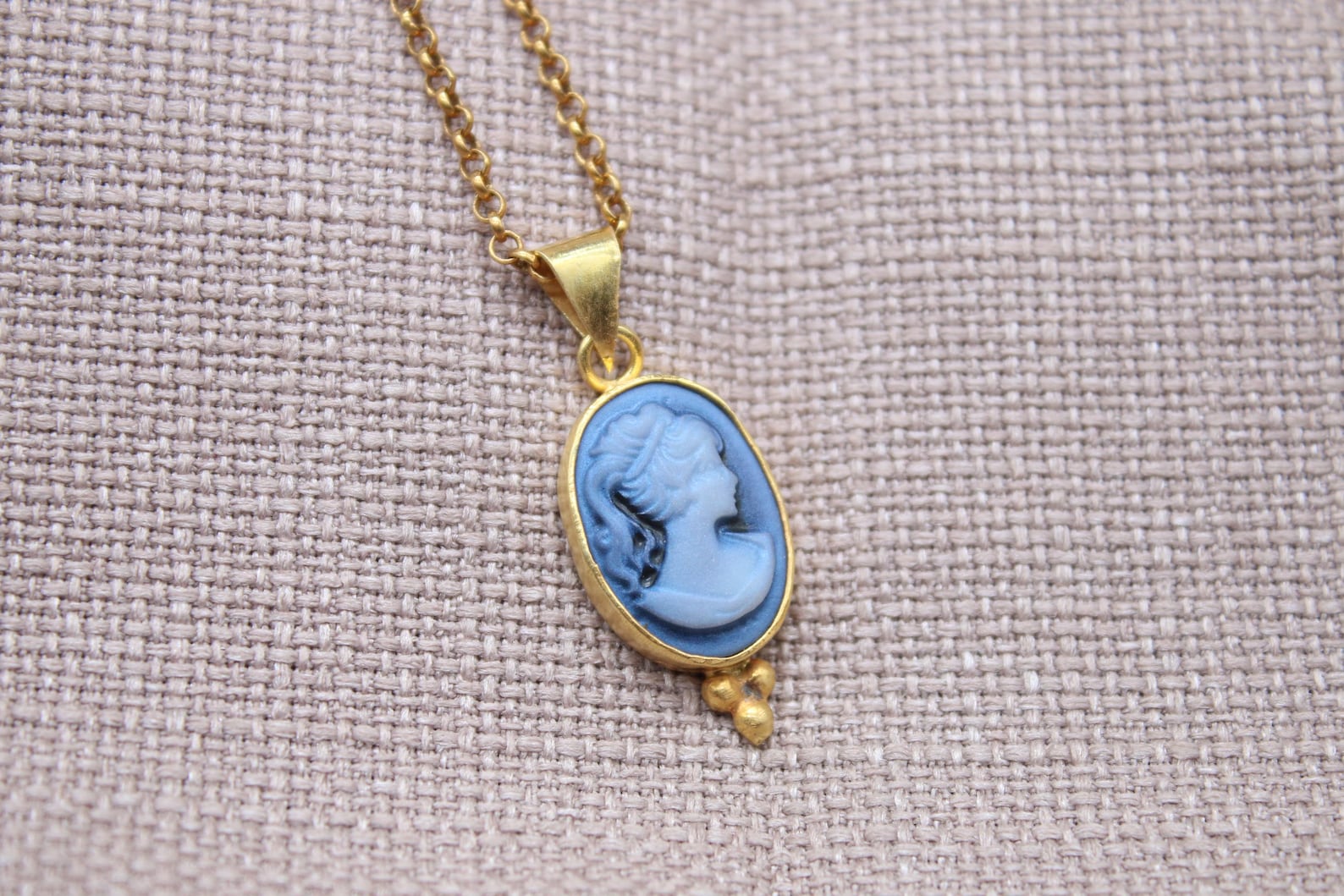 Vintage Blue Cameo Necklace Gold Plated Sterling Silver