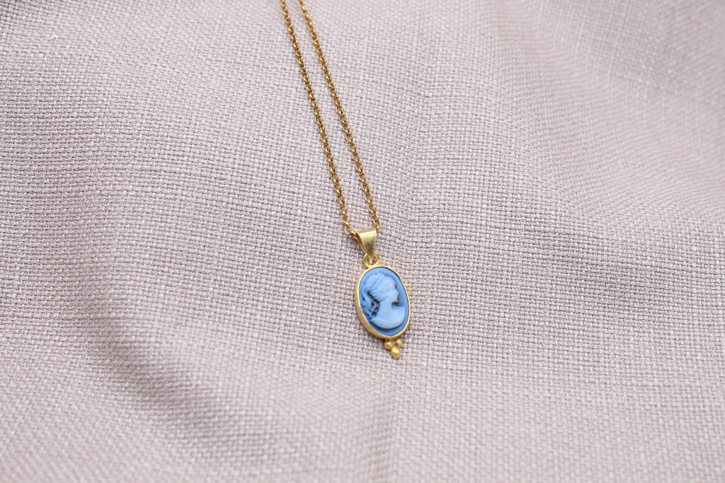 Vintage Blue Cameo Necklace Gold Plated Sterling Silver