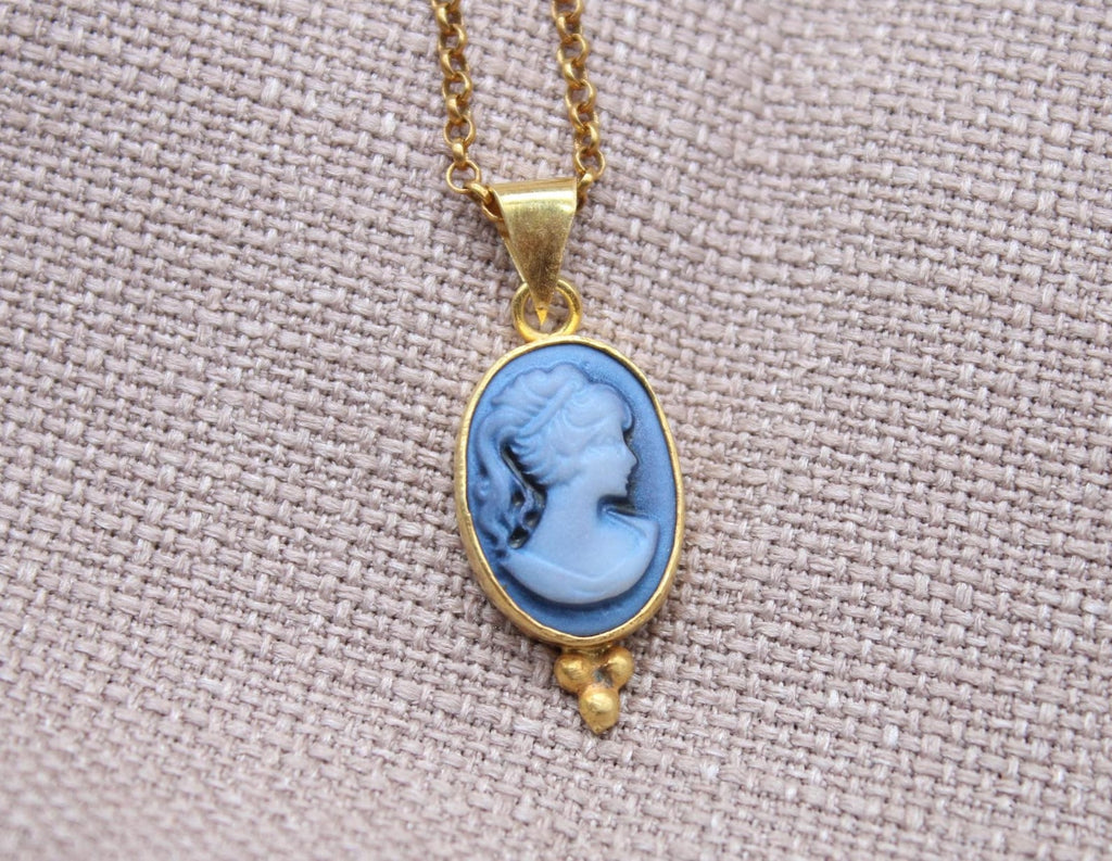 Vintage Blue Cameo Necklace Gold Plated Sterling Silver