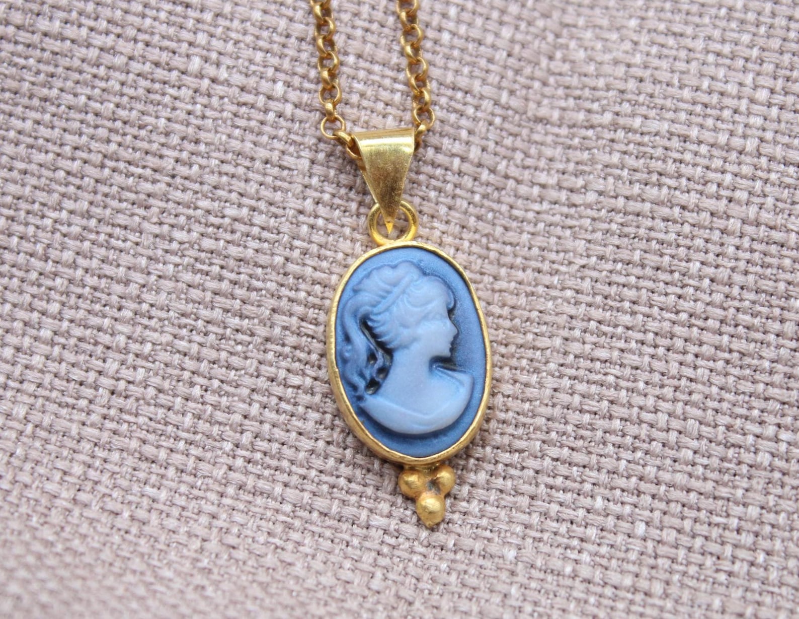Vintage Blue Cameo Necklace Gold Plated Sterling Silver