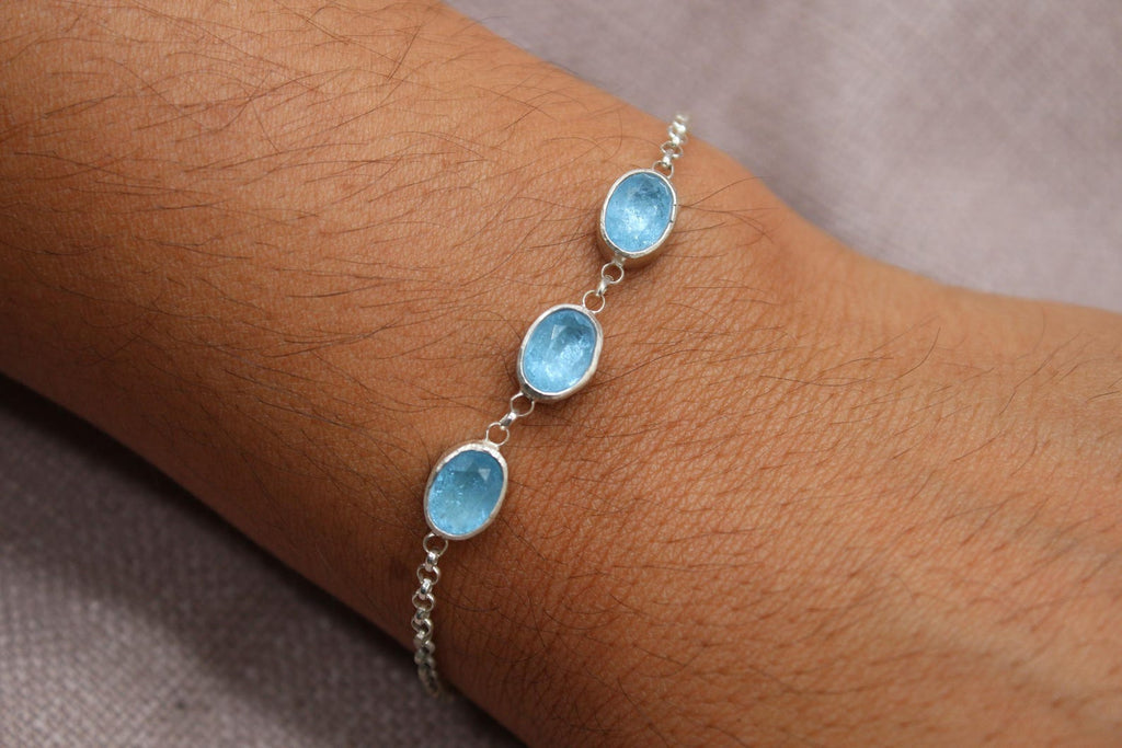 Blue Topaz Sterling Silver Bracelet Handmade Oval Gemstone Chain Bracelet