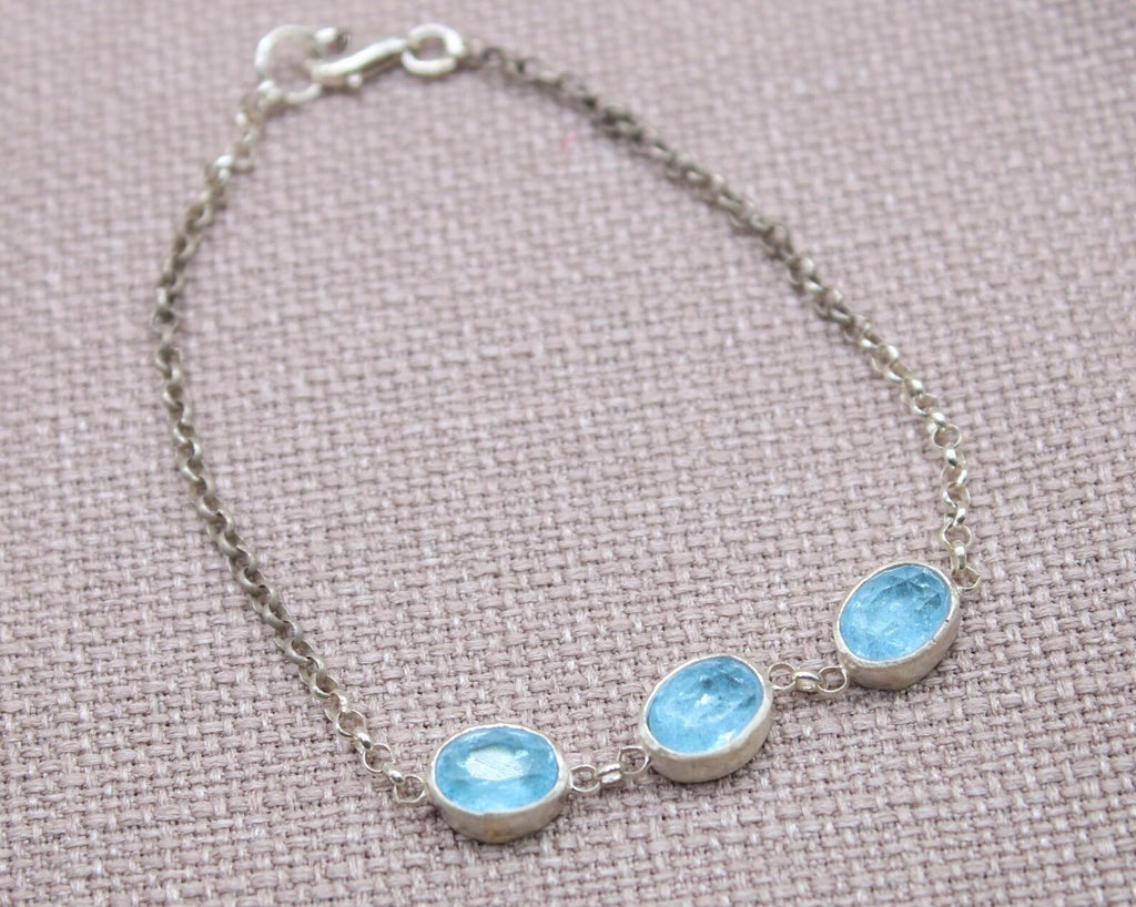 Blue Topaz Sterling Silver Bracelet Handmade Oval Gemstone Chain Bracelet