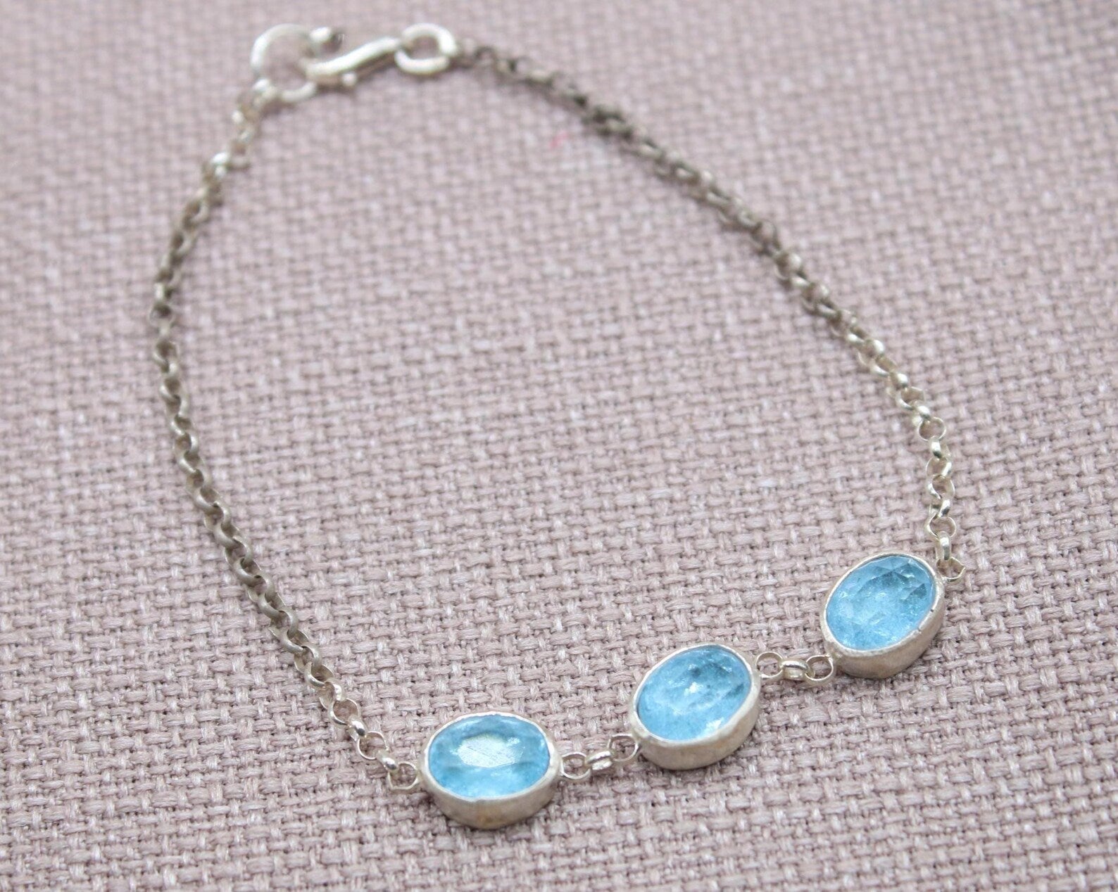 Blue Topaz Sterling Silver Bracelet Handmade Oval Gemstone Chain Bracelet