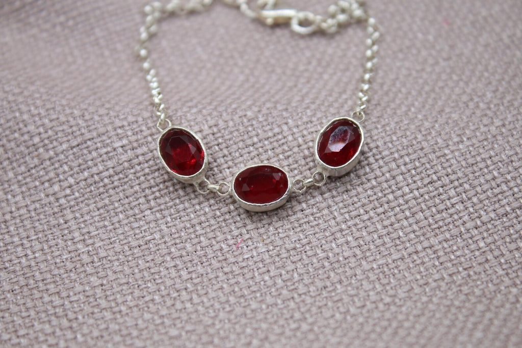 Ruby Sterling Silver Bracelet Handmade Oval Gemstone Chain Bracelet
