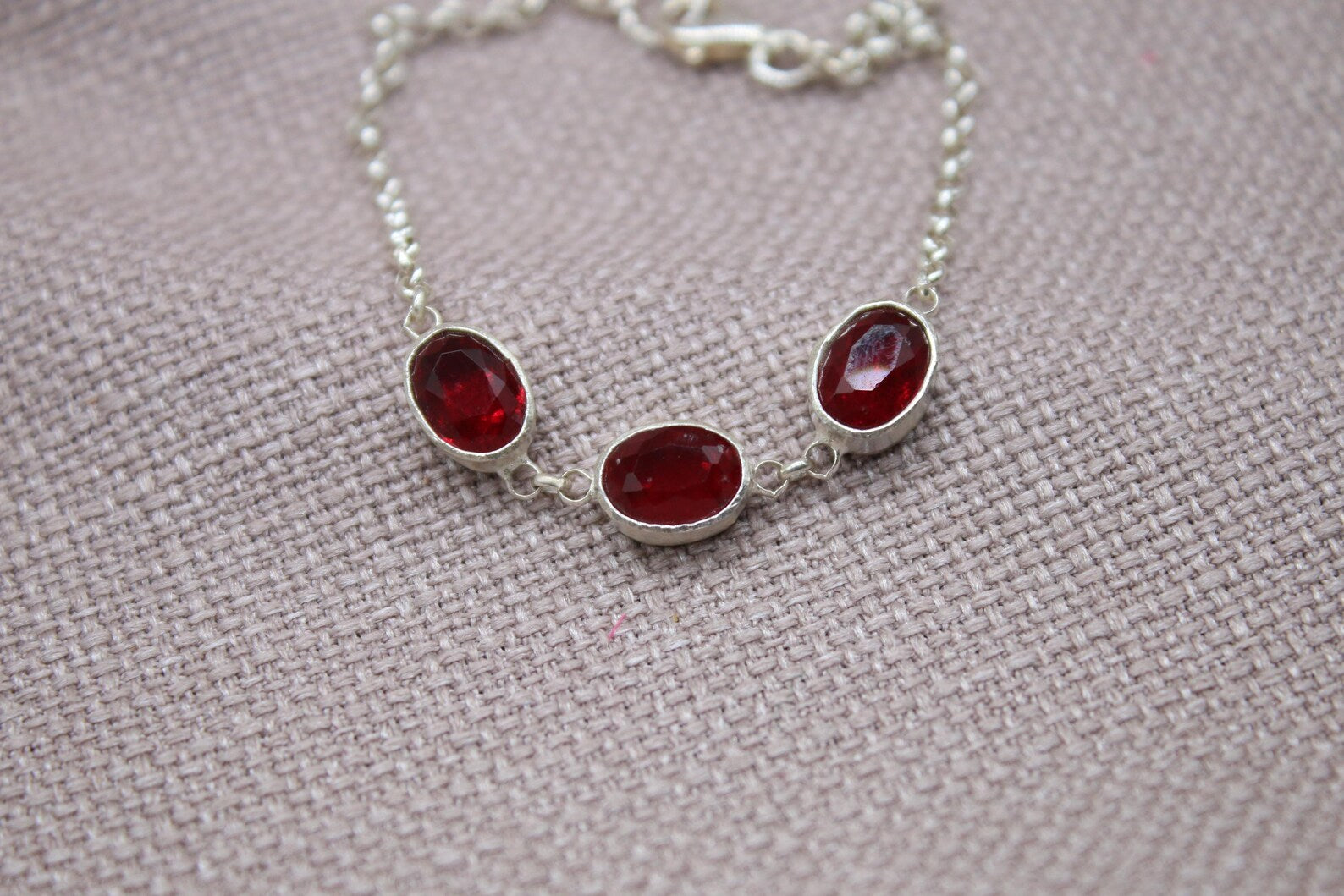 Ruby Sterling Silver Bracelet Handmade Oval Gemstone Chain Bracelet