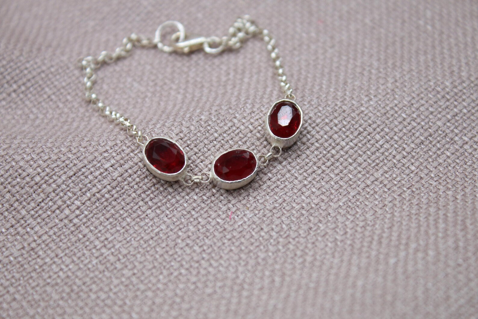 Ruby Sterling Silver Bracelet Handmade Oval Gemstone Chain Bracelet