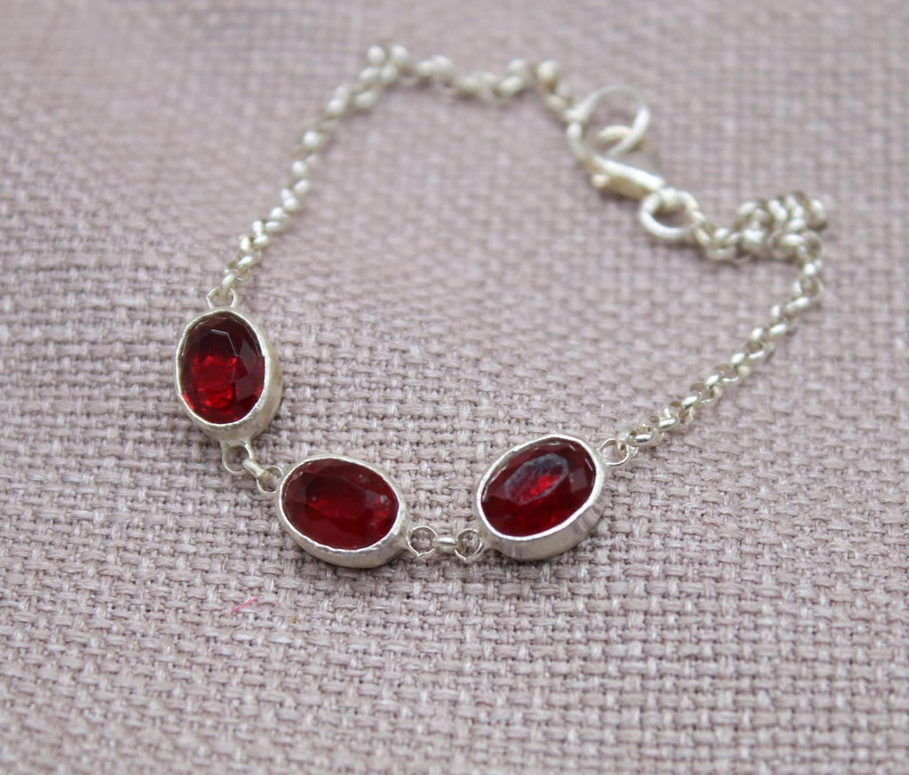 Ruby Sterling Silver Bracelet Handmade Oval Gemstone Chain Bracelet