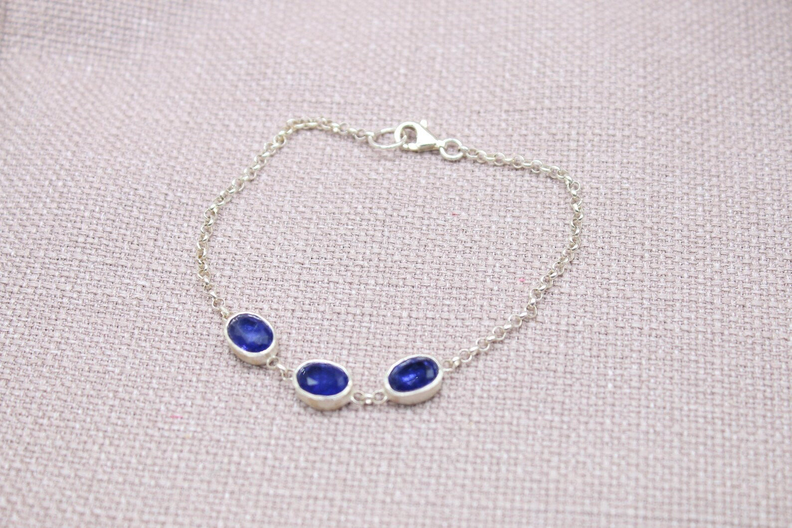 Sapphire Sterling Silver Bracelet Handmade Oval Gemstone Chain Bracelet