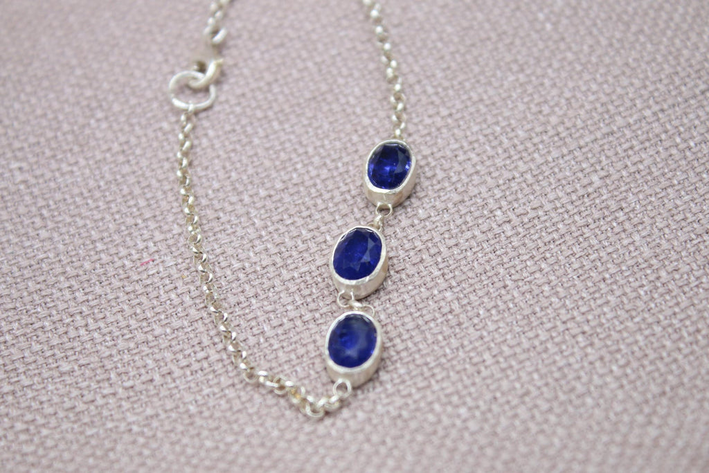 Sapphire Sterling Silver Bracelet Handmade Oval Gemstone Chain Bracelet