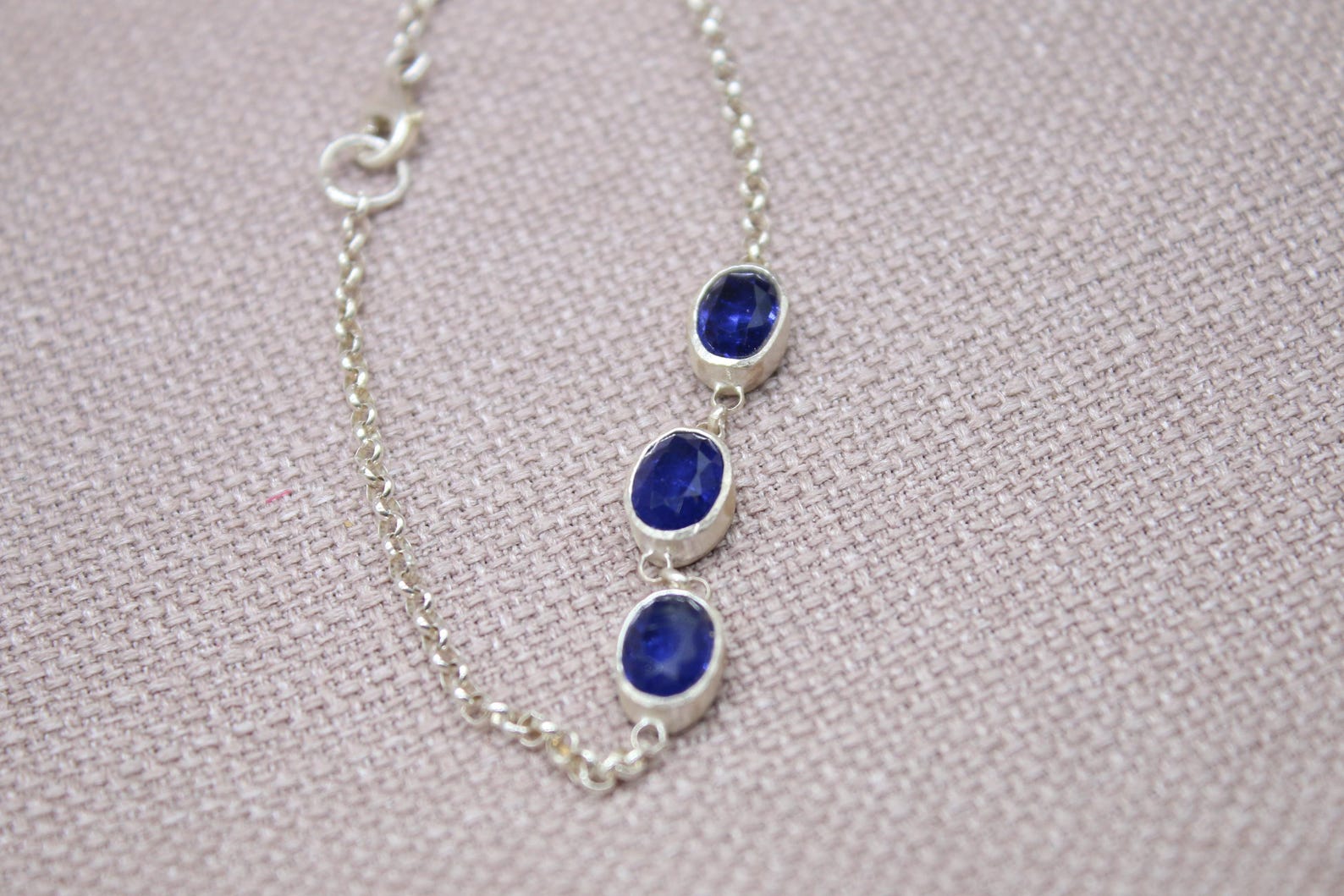 Sapphire Sterling Silver Bracelet Handmade Oval Gemstone Chain Bracelet