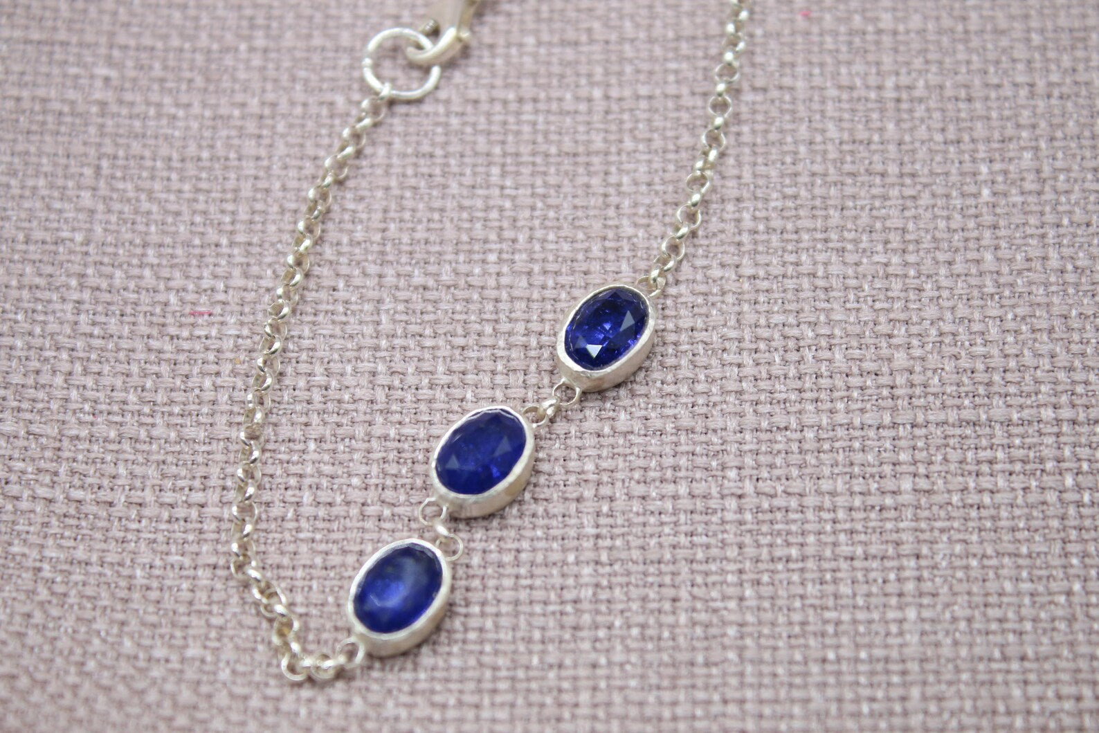 Sapphire Sterling Silver Bracelet Handmade Oval Gemstone Chain Bracelet