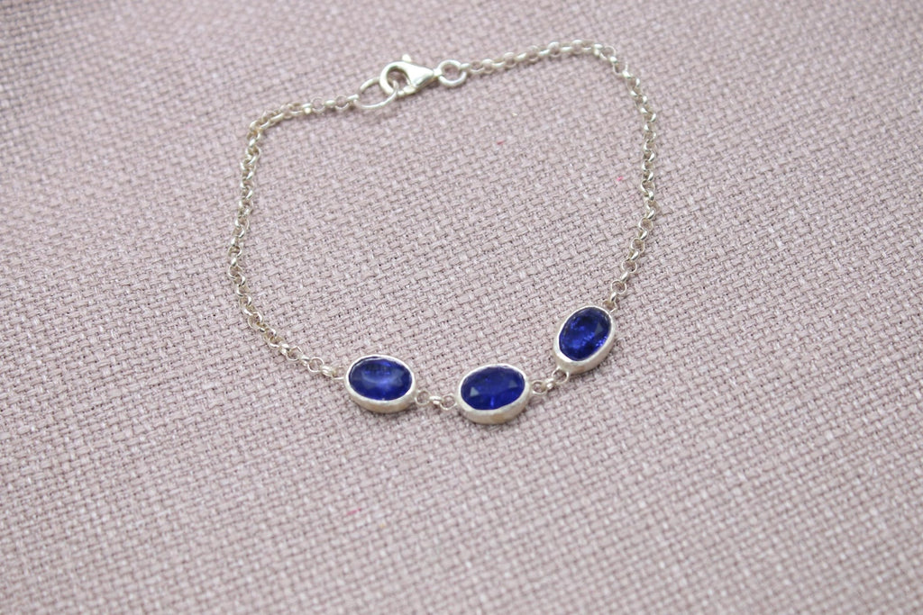 Sapphire Sterling Silver Bracelet Handmade Oval Gemstone Chain Bracelet