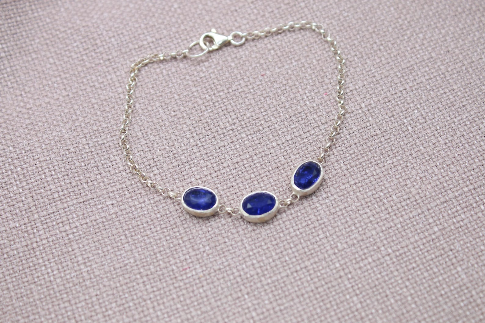 Sapphire Sterling Silver Bracelet Handmade Oval Gemstone Chain Bracelet