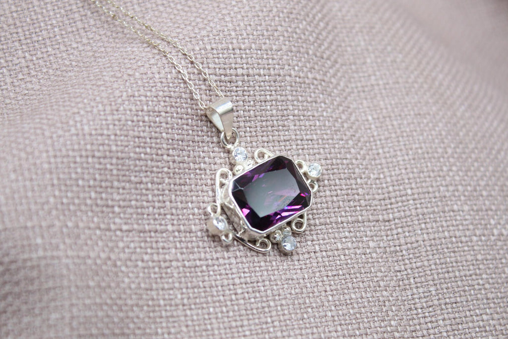 Amethyst Statement Pendant Necklace Sterling Silver Handmade Vintage Style Jewelry