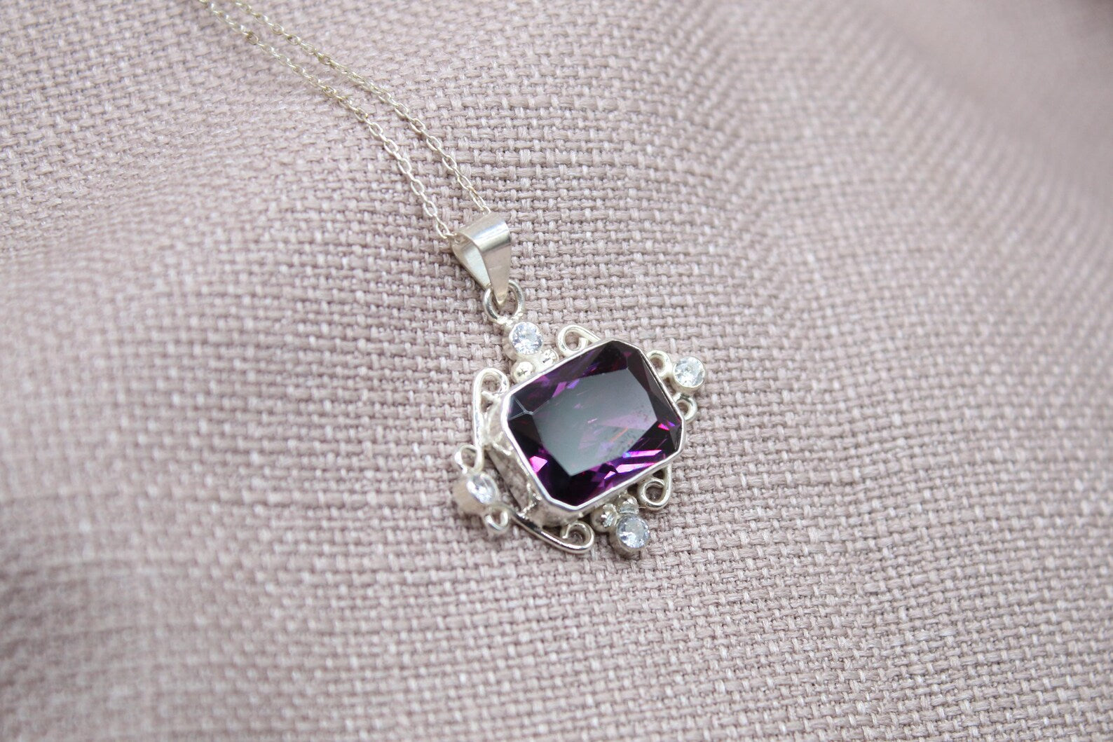 Amethyst Statement Pendant Necklace Sterling Silver Handmade Vintage Style Jewelry