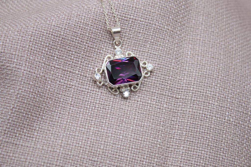 Amethyst Statement Pendant Necklace Sterling Silver Handmade Vintage Style Jewelry