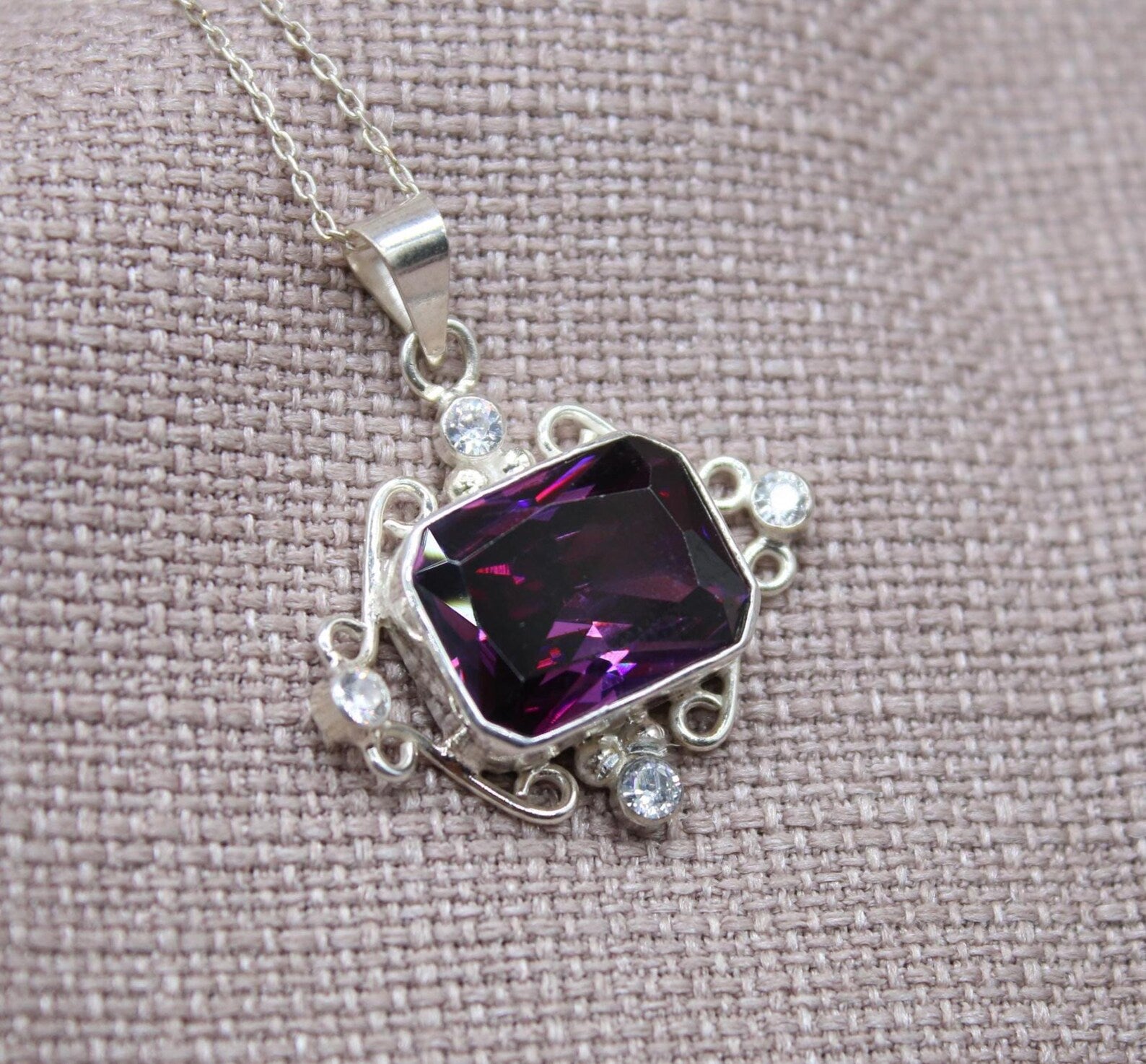 Amethyst Statement Pendant Necklace Sterling Silver Handmade Vintage Style Jewelry