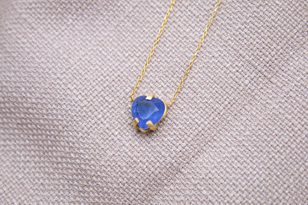 Blue Sapphire Heart Necklace Gold Plated Sterling Silver Handmade Pendant
