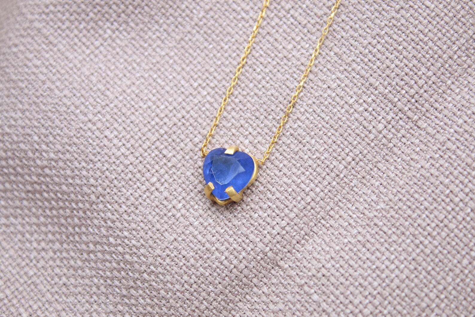 Blue Sapphire Heart Necklace Gold Plated Sterling Silver Handmade Pendant