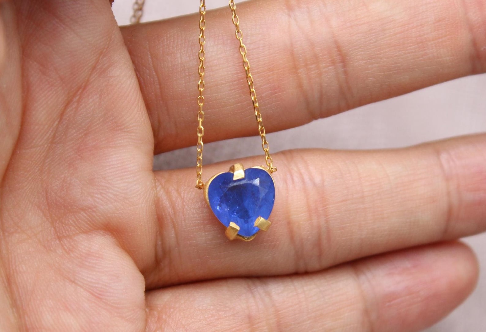 Blue Sapphire Heart Necklace Gold Plated Sterling Silver Handmade Pendant