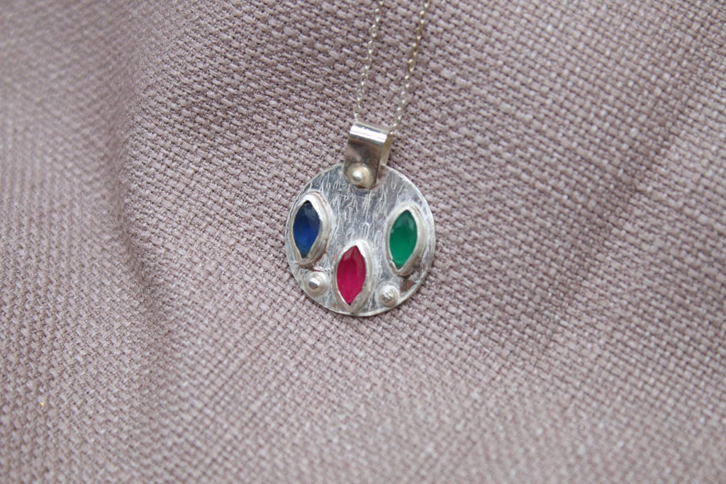 Ruby Emerald Sapphire Necklace, Handmade 925 Sterling Silver Lucy Necklace, Colorful Gemstone Pendant, Minimalist Silver Necklace
