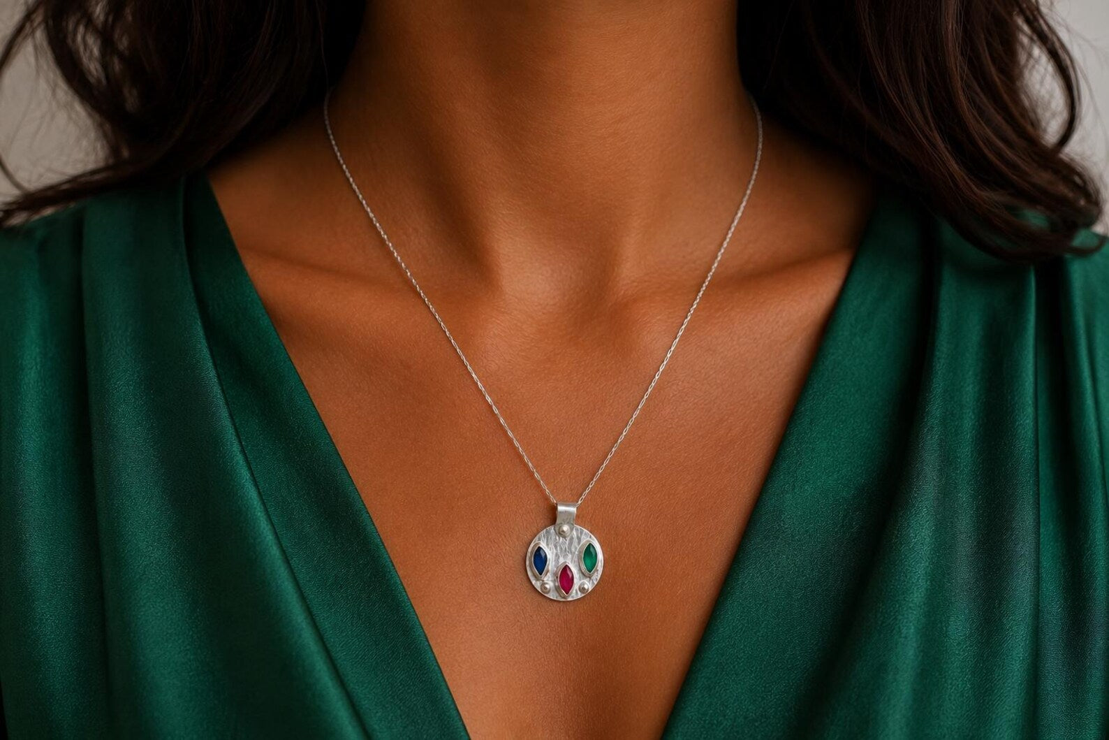 Ruby Emerald Sapphire Necklace, Handmade 925 Sterling Silver Lucy Necklace, Colorful Gemstone Pendant, Minimalist Silver Necklace
