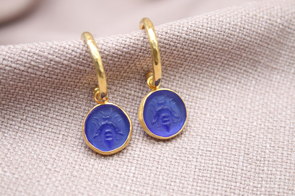Blue Bee Coin Hoop Earrings Gold Plated Sterling Silver Dangle Earrings