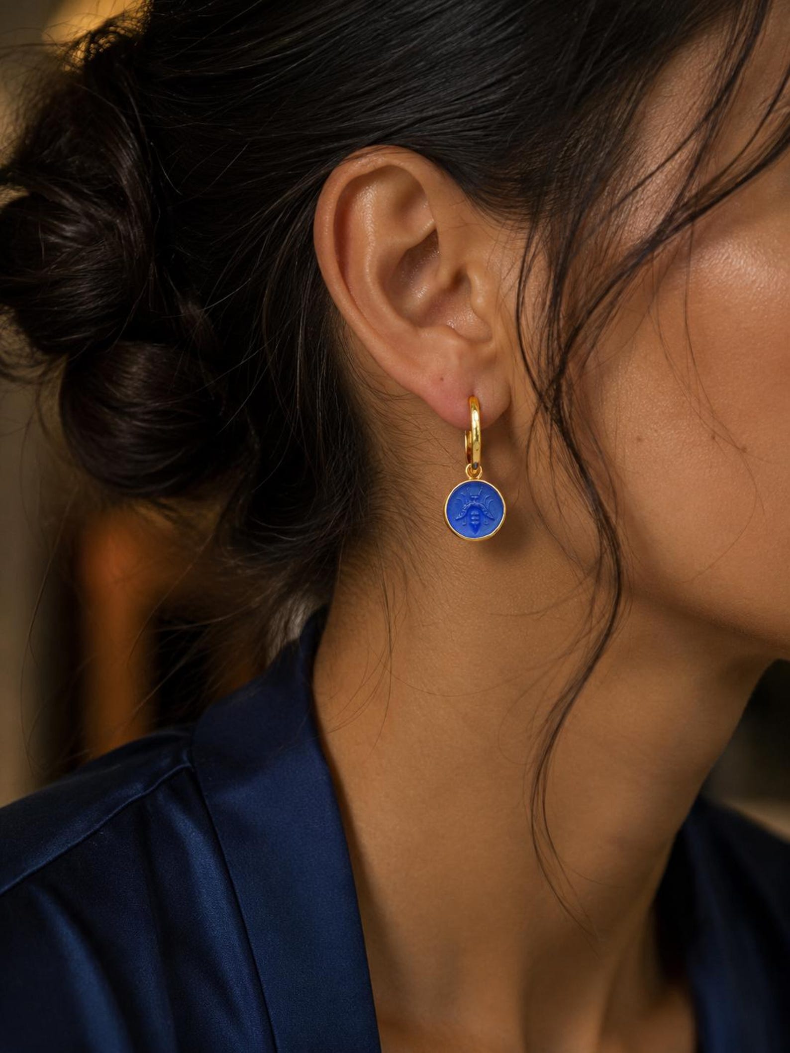 Blue Bee Coin Hoop Earrings Gold Plated Sterling Silver Dangle Earrings