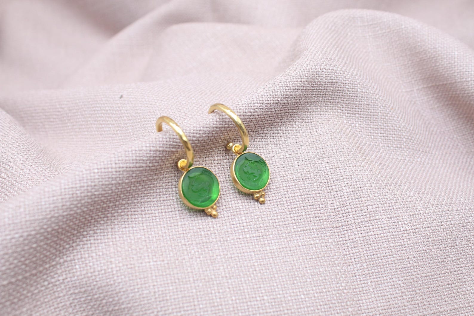 Green Pisces Zodiac Dangle Earrings Gold Plated Sterling Silver Hoops