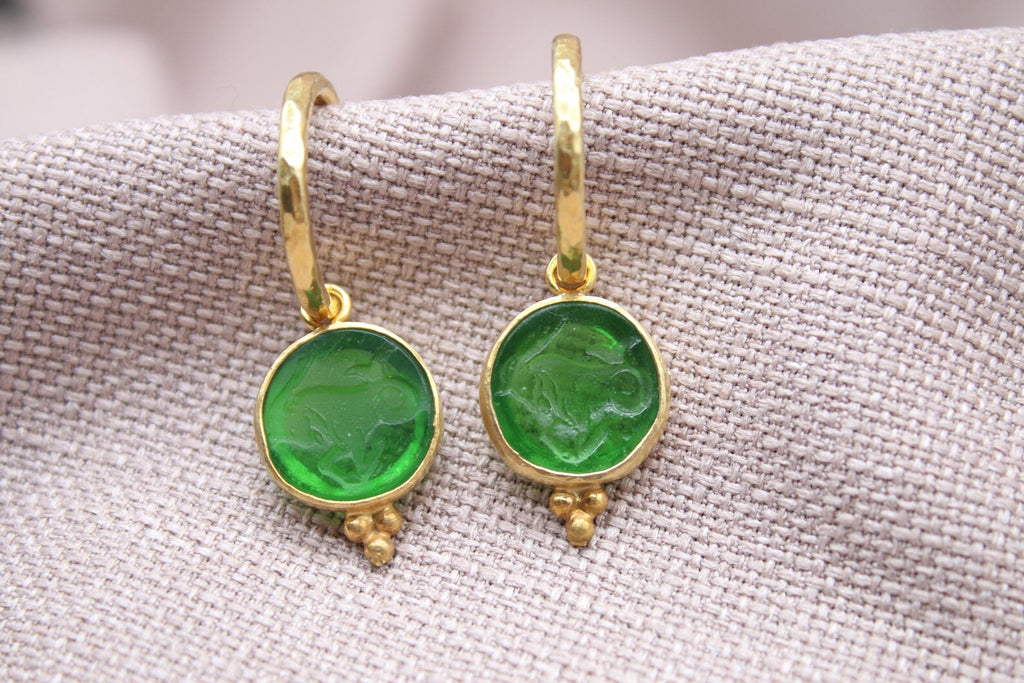 Green Capricorn Earrings 22K Gold Plated 925 Sterling Silver Hoops