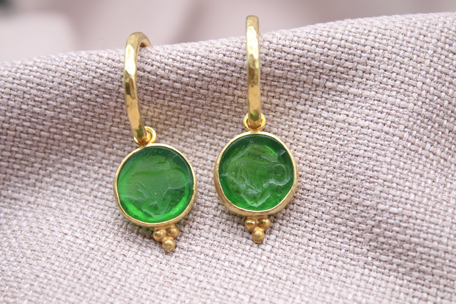 Green Capricorn Earrings 22K Gold Plated 925 Sterling Silver Hoops