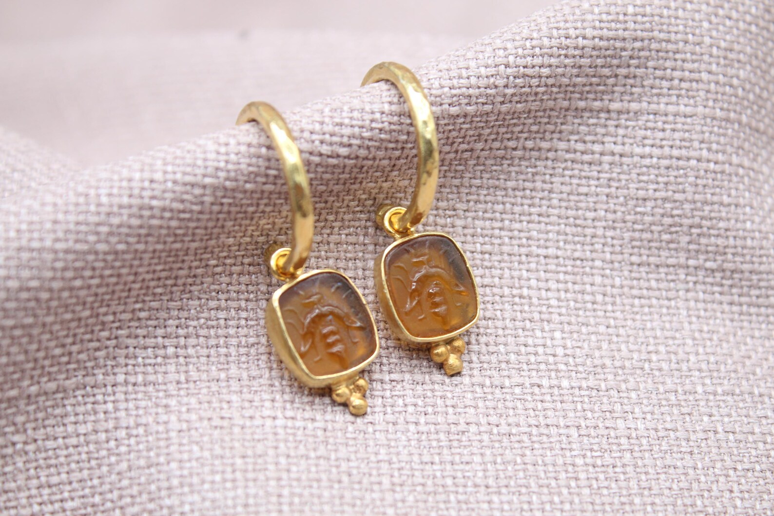 Amber Bee Earrings 22K Gold Plated 925 Sterling Silver Hoops