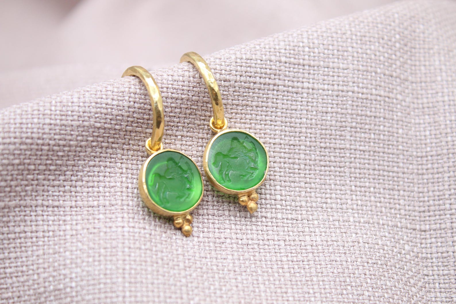 Sagittarius Green Glass Dangle Earrings in 22K Gold Plated Sterling Silver