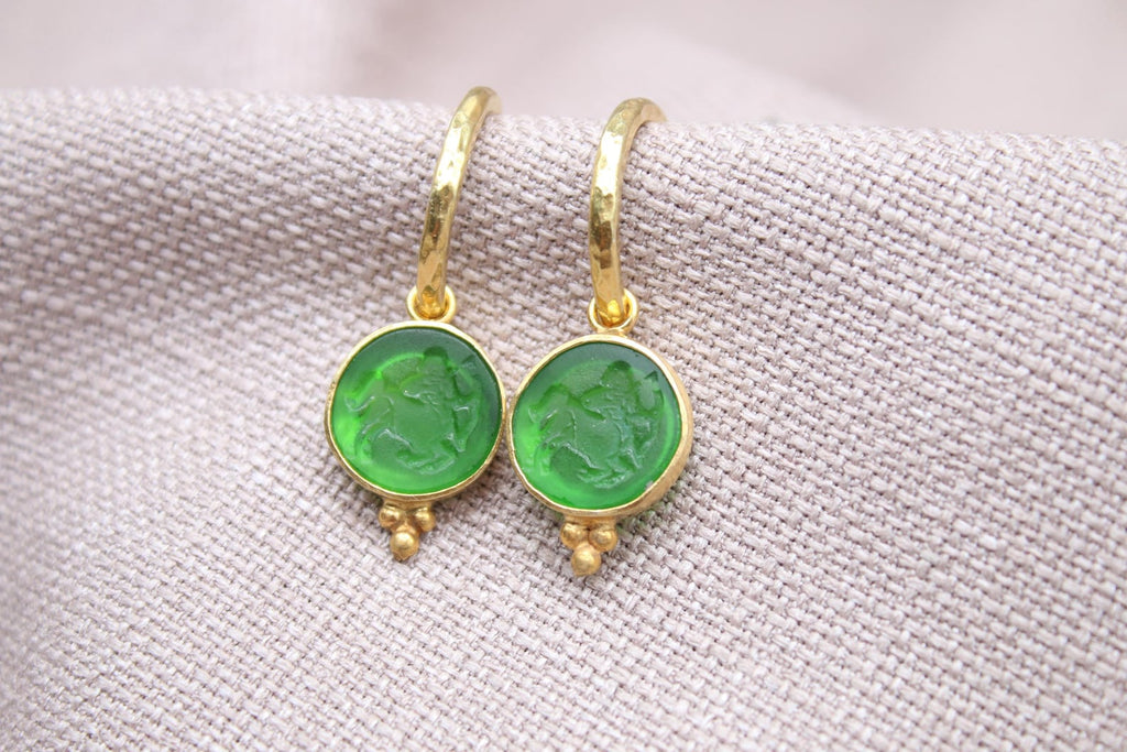 Sagittarius Green Glass Dangle Earrings in 22K Gold Plated Sterling Silver