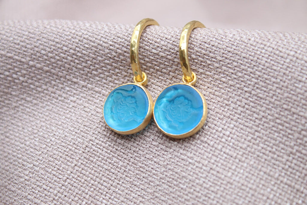 Leo Blue Glass Dangle Earrings in 22K Gold Plated Sterling Silver