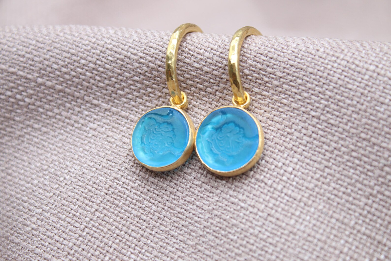 Leo Blue Glass Dangle Earrings in 22K Gold Plated Sterling Silver