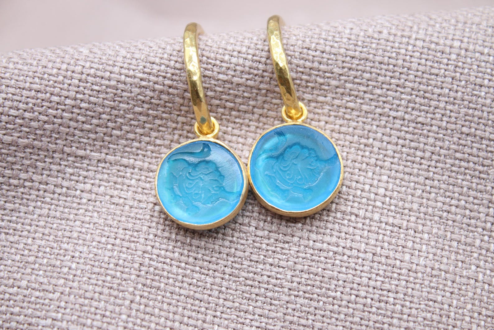 Leo Blue Glass Dangle Earrings in 22K Gold Plated Sterling Silver