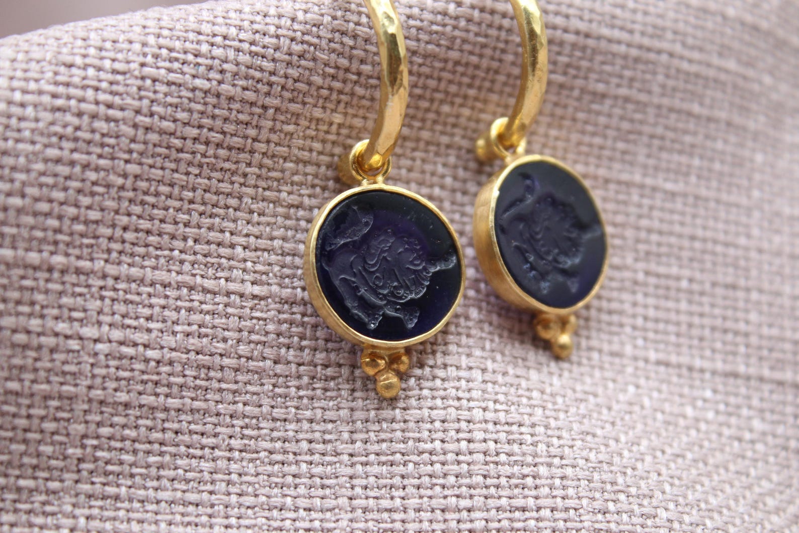 Leo Earrings, Handmade 925 Sterling Silver Jewelry, 22K Gold Plated Earrings, Zodiac Earrings, Lion Sign Earrings, Intaglio Glass Earrings