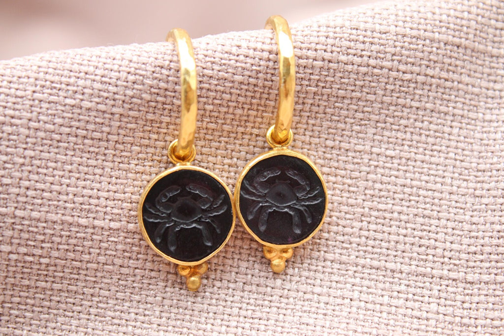 Cancer Zodiac Earrings, Handmade 925 Sterling Silver Jewelry, 22K Gold Plated Earrings, Crab Earrings, Astrology Earrings, Intaglio Earrings