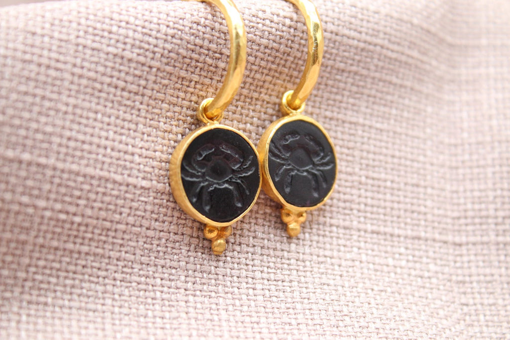 Cancer Zodiac Earrings, Handmade 925 Sterling Silver Jewelry, 22K Gold Plated Earrings, Crab Earrings, Astrology Earrings, Intaglio Earrings