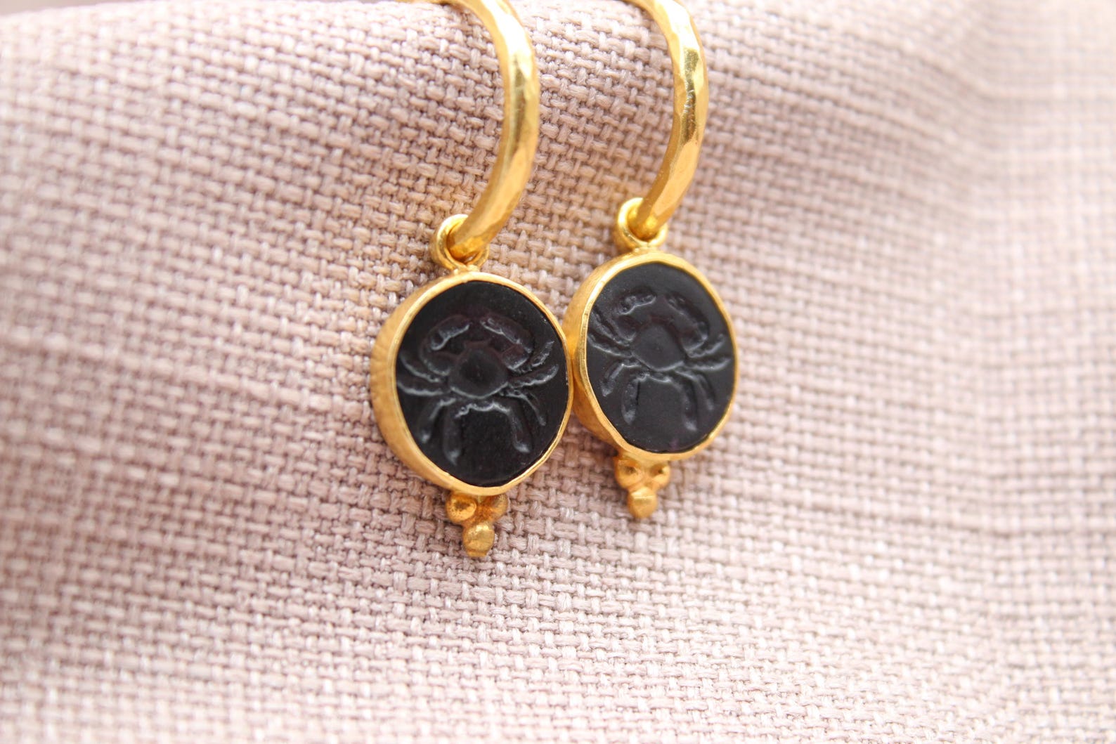 Cancer Zodiac Earrings, Handmade 925 Sterling Silver Jewelry, 22K Gold Plated Earrings, Crab Earrings, Astrology Earrings, Intaglio Earrings