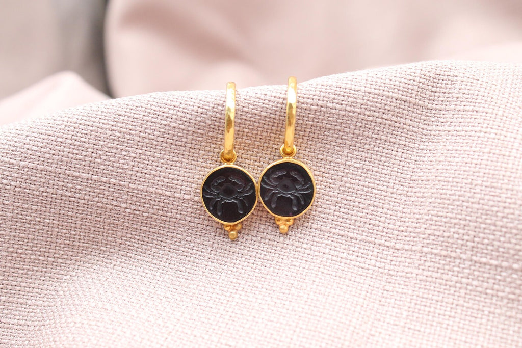 Cancer Zodiac Earrings, Handmade 925 Sterling Silver Jewelry, 22K Gold Plated Earrings, Crab Earrings, Astrology Earrings, Intaglio Earrings